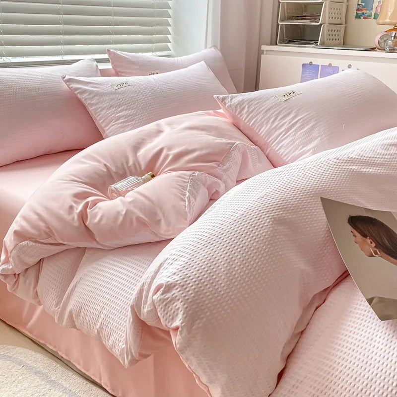 Rynx | Internet Celebrity Waffle Four-piece Set Washed Smooth Bedding Duvet Cover Fitted Sheet Bedding Contrast Color Dormitory Three Pi