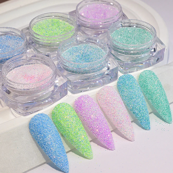 Rynx |2.5g*6Glasses Iridescent Sugar Nail Art Glitter Powder Pink/Blue Sparkling Candy Coat Effect Pigment DIY Manicure Nail Polish Decorations