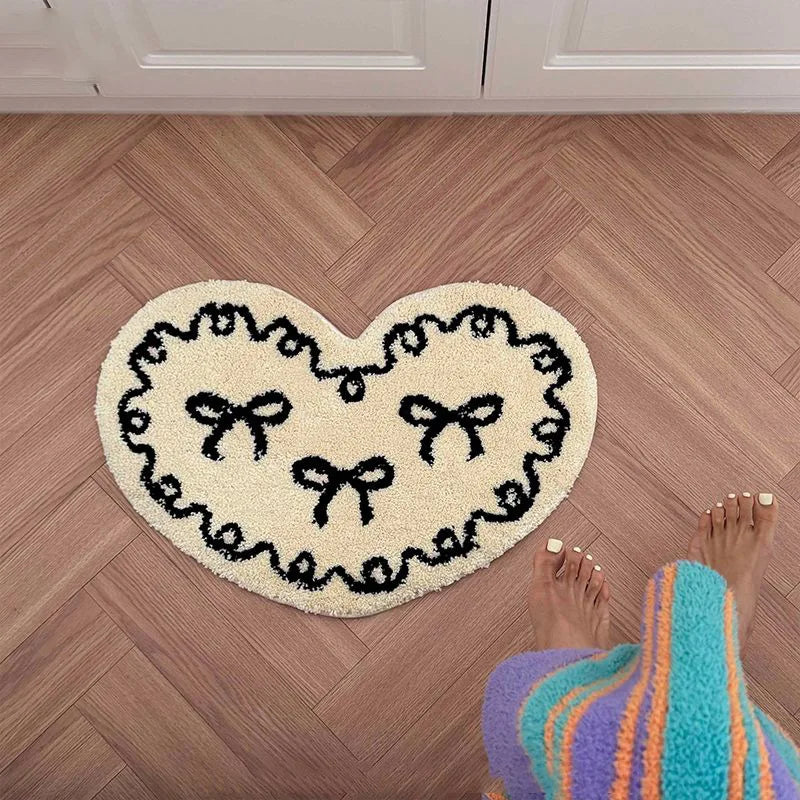 Rynx | Heart-Shaped Bow Pattern Tufted Rug Bathroom Soft Plush Anti-Skid Doormat Fluffy Thick Tufted Room Entry Mat