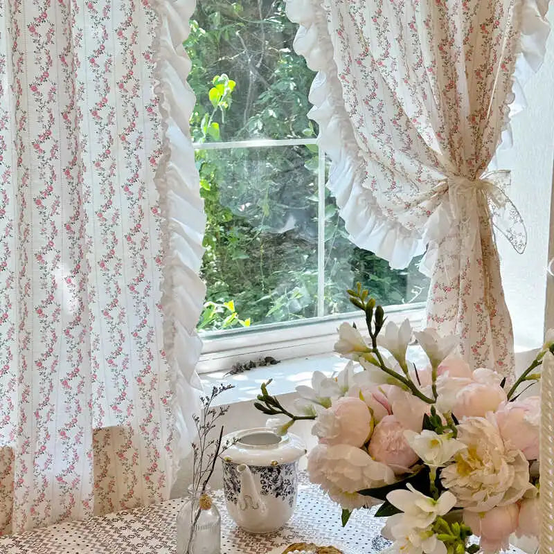 Rynx | Printed Cotton Curtain Pastoral Floral Divider Half Curtain Door Curtain French Style Fresh and Elegant Room Decoration