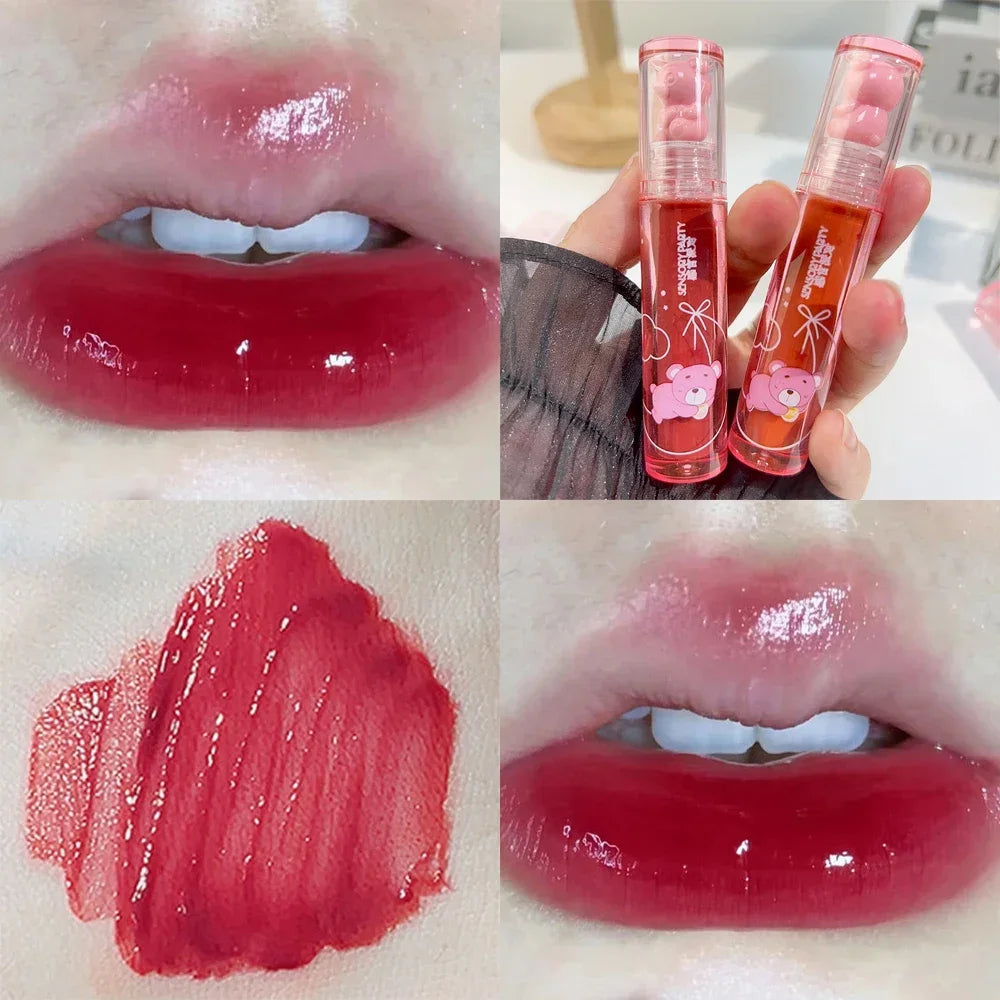 Rynx | Sweet Pink Bear Waterlight Lip Gloss Long-lasting Crystal Shiny Lip Lacquer Mirror Nude Liquid Lipstick Women's Lip Makeup Cosmetics