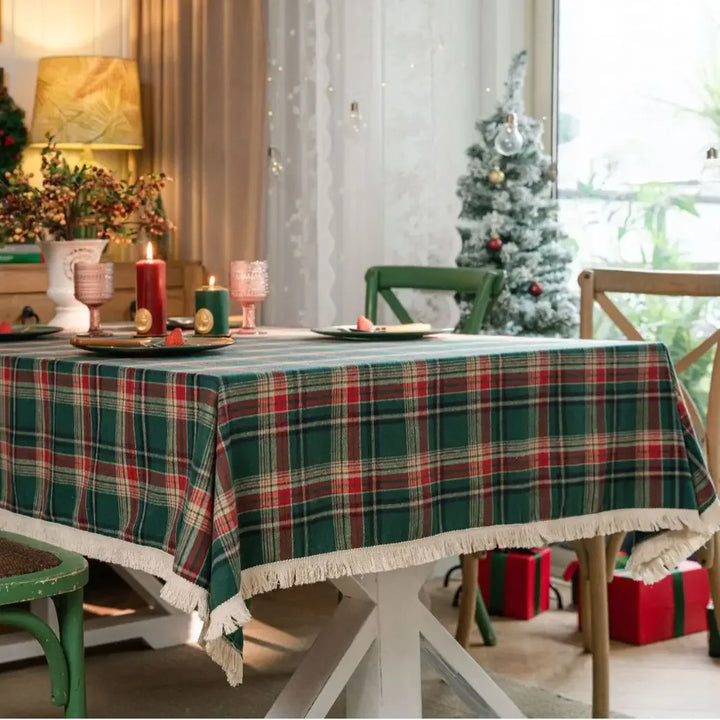 Rynx Christmas Grid Tablecloth with Fringes Rectangular Polyester Cotton Dustproof Table Surface Cover, for Home Celebration Birthday Decor