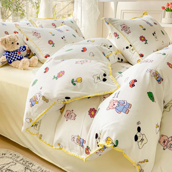 Rynx Pastoral Girls Flower Bedding Sets, Washed Cotton Bedding, Soft Comforter Bedding Set, Simple Bedspread, Home Textiles