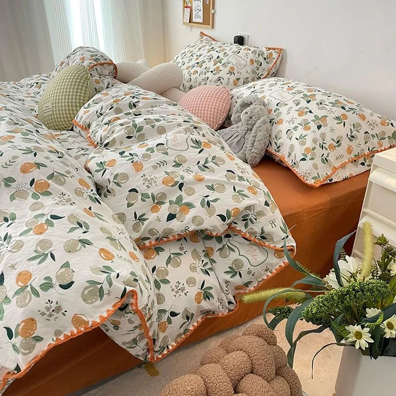 Rynx | Bedding set INS Girls Cherry Soft washed cotton bed sheet Queen King size duvet set Comforter set pillowcase bedding