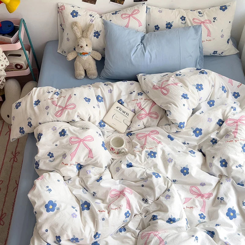 Rynx | Bedding Bedding Set A-Class Washed Cotton Four-Piece Bed Sheet Set Comfort Sets Solid Color Pair Duvet Cover Home Textiles