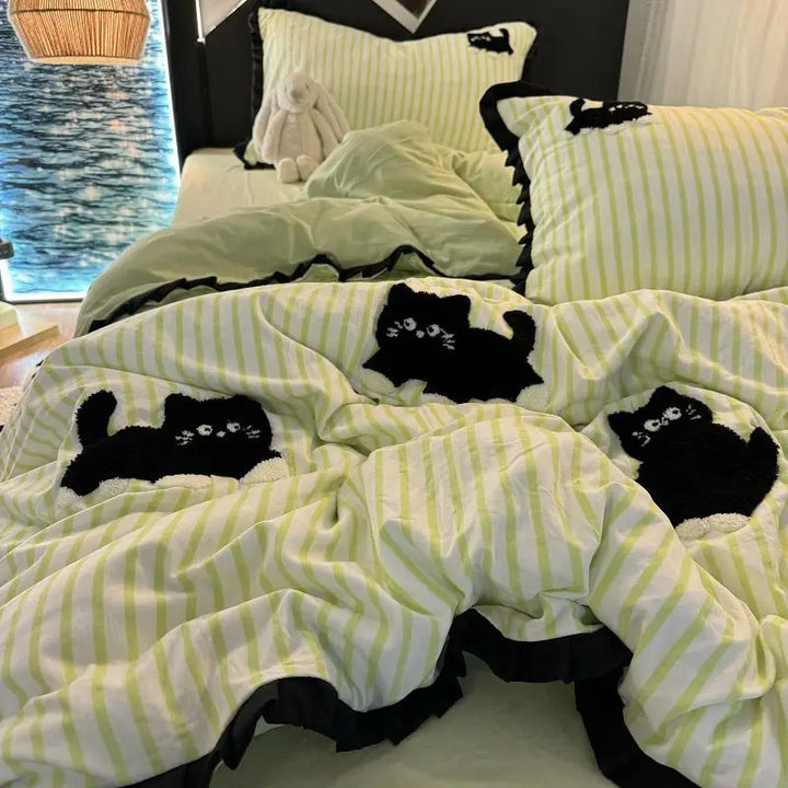 Rynx | Korean Style Bedding Set Green Stripes Black Cat Embroidery Washed Cotton Duvet Cover Cute Cartoon Bedding Blanket Set