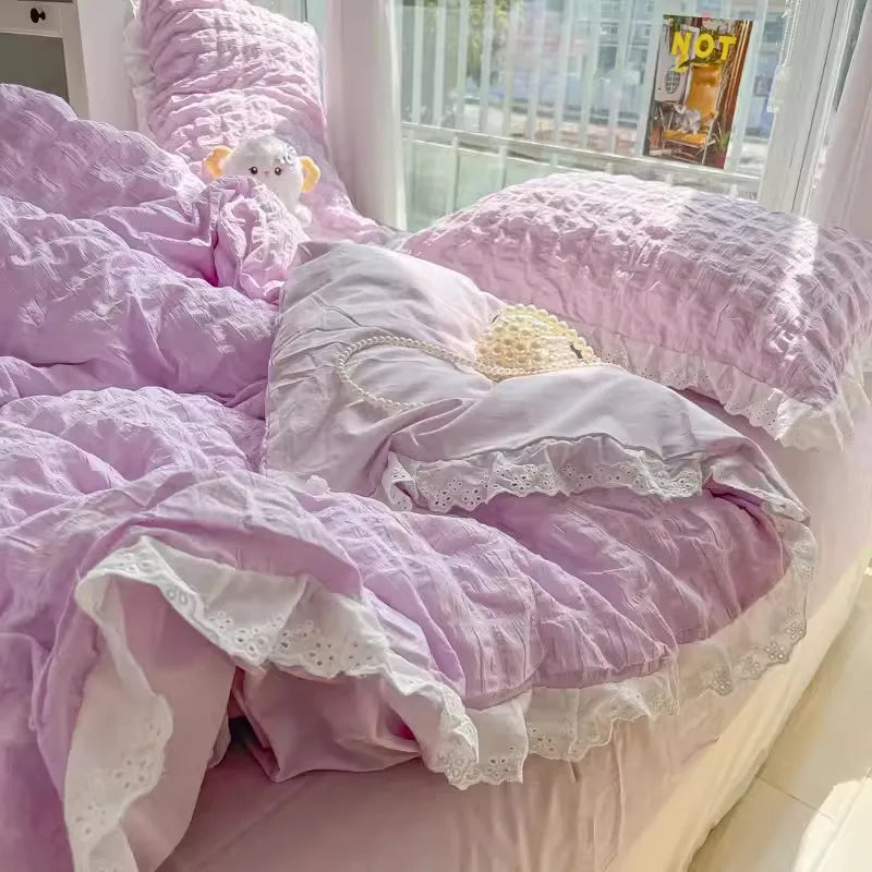 Rynx | Korean Seersucker Ruffle Bedding Set for Women Princess Style Bedroom Bedding Set Queen Washed Cotton Solid Color Bedding