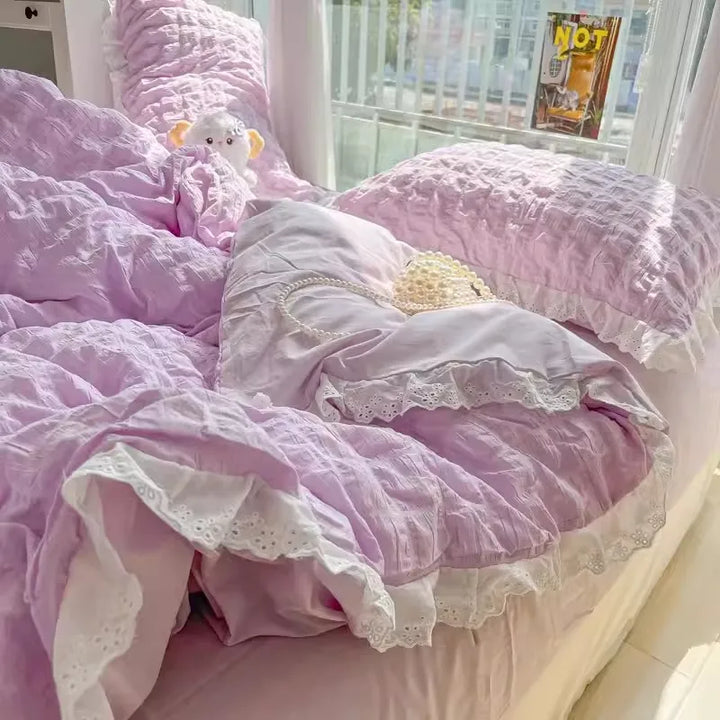 Rynx | Korean Seersucker Ruffle Bedding Set for Women Princess Style Bedroom Bedding Set Queen Washed Cotton Solid Color Bedding