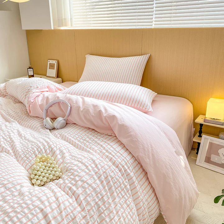 Rynx | Green striped duvet cover pillowcase and solid colored sheets in bedding set adult girl's bedding washed cotton bedding