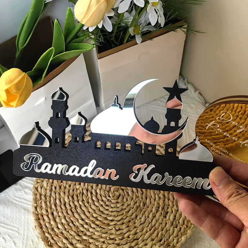 Rynx Ramadan Kareem Table Ornament Wood Acrylic Eid Mubarak Moon Star Castle DIY Table Decoration Islamic Celebration Home Decor