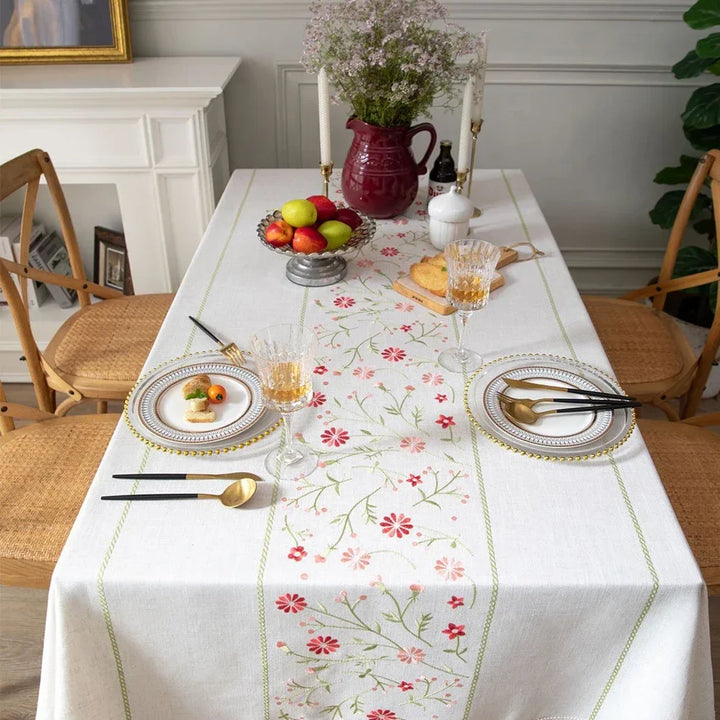 Rynx Embroidered Tablecloth, Cotton-Linen Simple Foldable Dustproof Tablecloth, for Kitchen Dining Room, Party, Birthday Table Decor