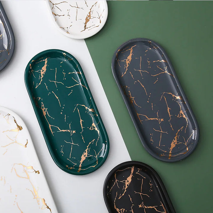 Lisslune | Nordic Ins Ceramic Marble Oval Tray Jewelry Storage Tray Accessories Soap Holder Golden Wave Bathroom Cup Bath Decoration