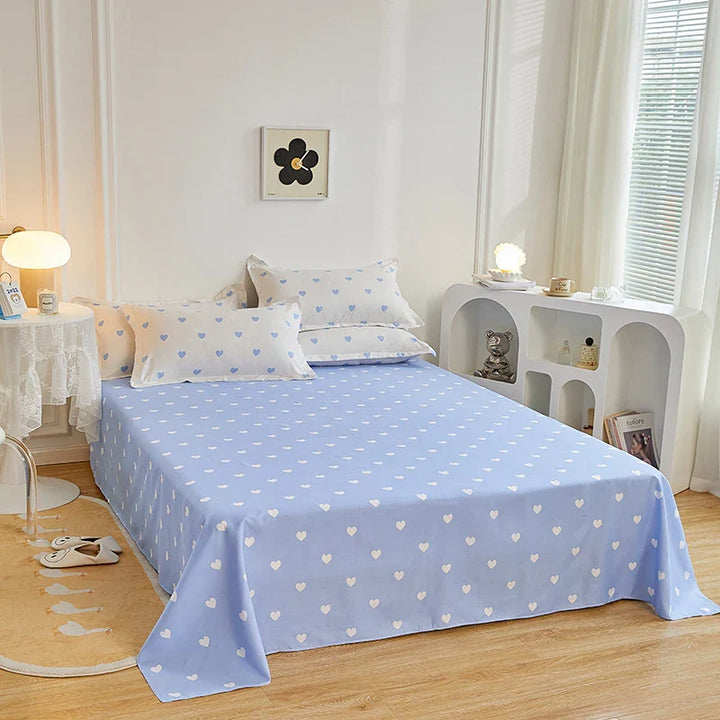 Rynx | Blue White Heart Duvet Cover Set INS Flat Sheet Pillowcase Floral Girls Adults Bedding Single Twin Queen Size Home Bed Linen
