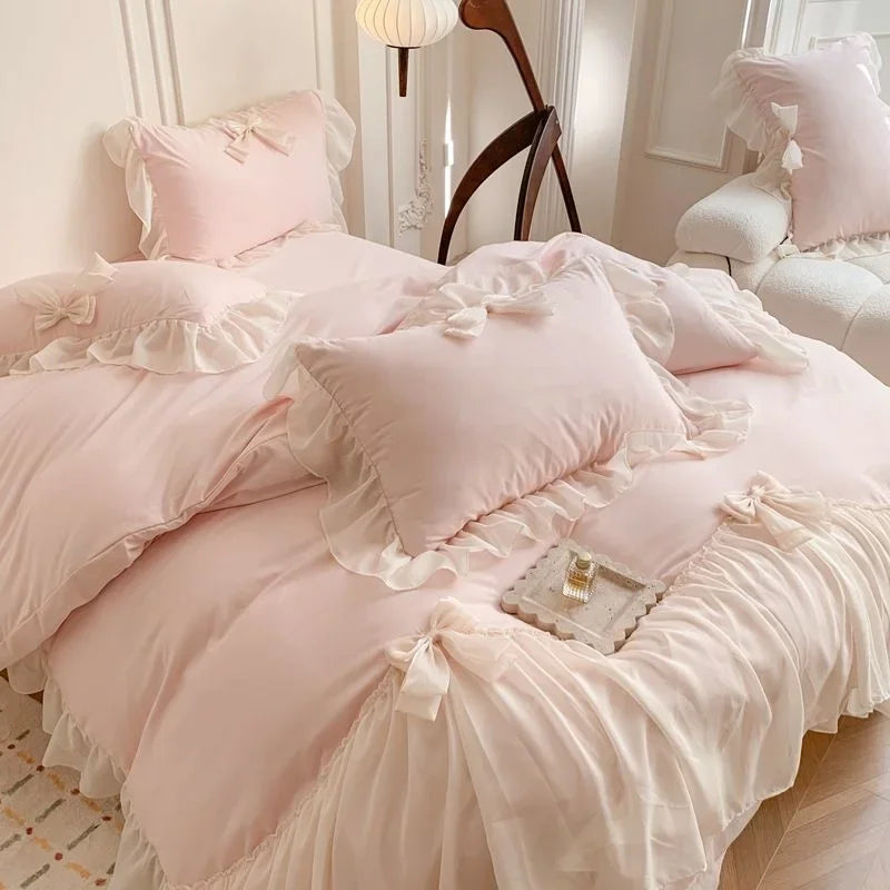 Rynx | Korean Princess Lace Bedding Set Beautiful Solid Color Lace Plush Duvet Cover Luxury Girls Wedding Home Textiles Bed Sheet Cover