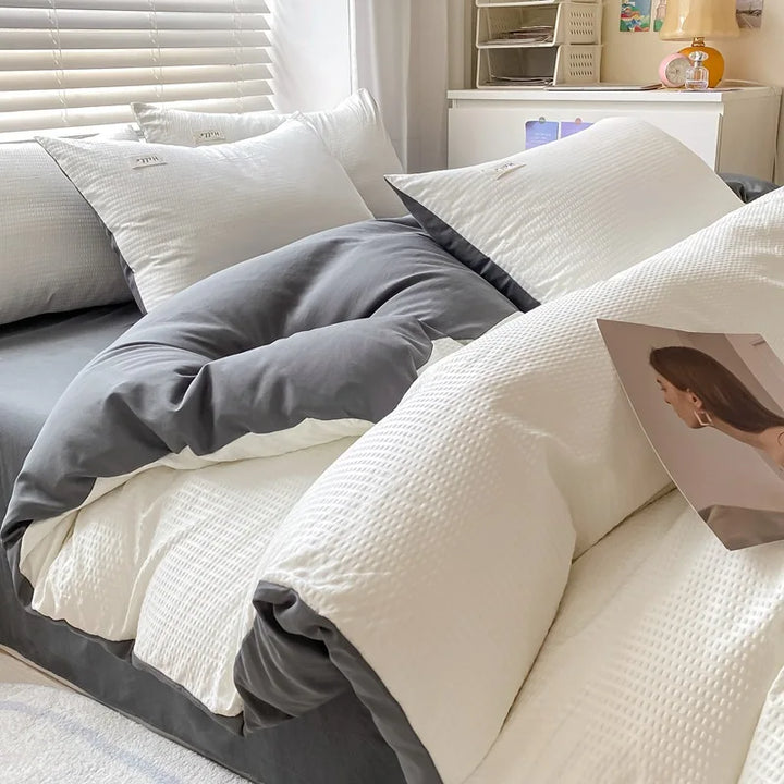 Rynx | Internet Celebrity Waffle Four-piece Set Washed Smooth Bedding Duvet Cover Fitted Sheet Bedding Contrast Color Dormitory Three Pi