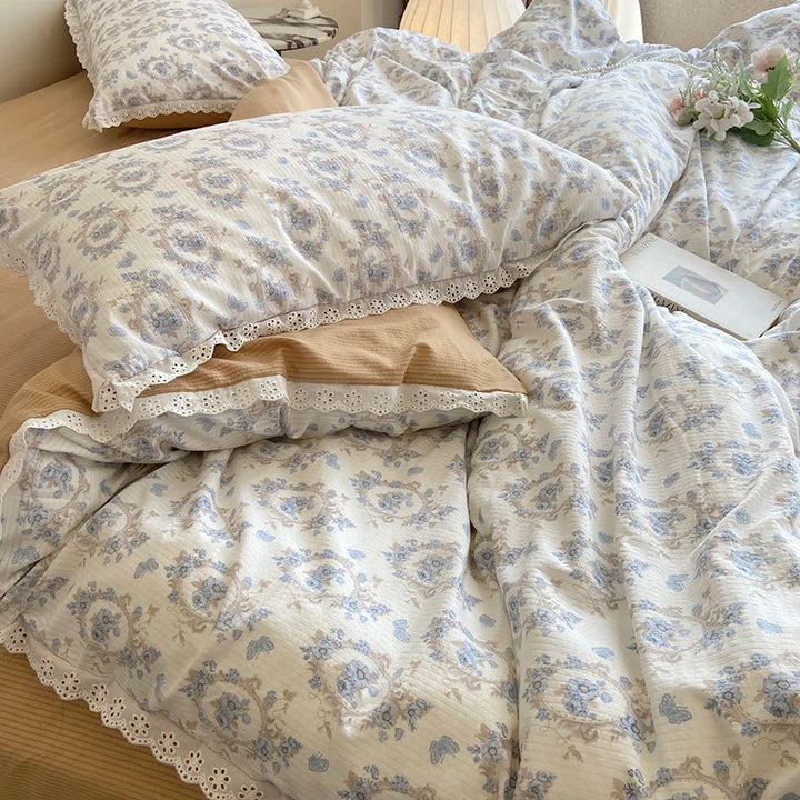 Lisslune | Ins Floral Bettwäsche Set Spitze Romantisch Für Frauen Mädchen Flach Spannbetttuch Mit Orange Kissenbezügen Weiches Gewaschenes Baumwolle Vollgröße