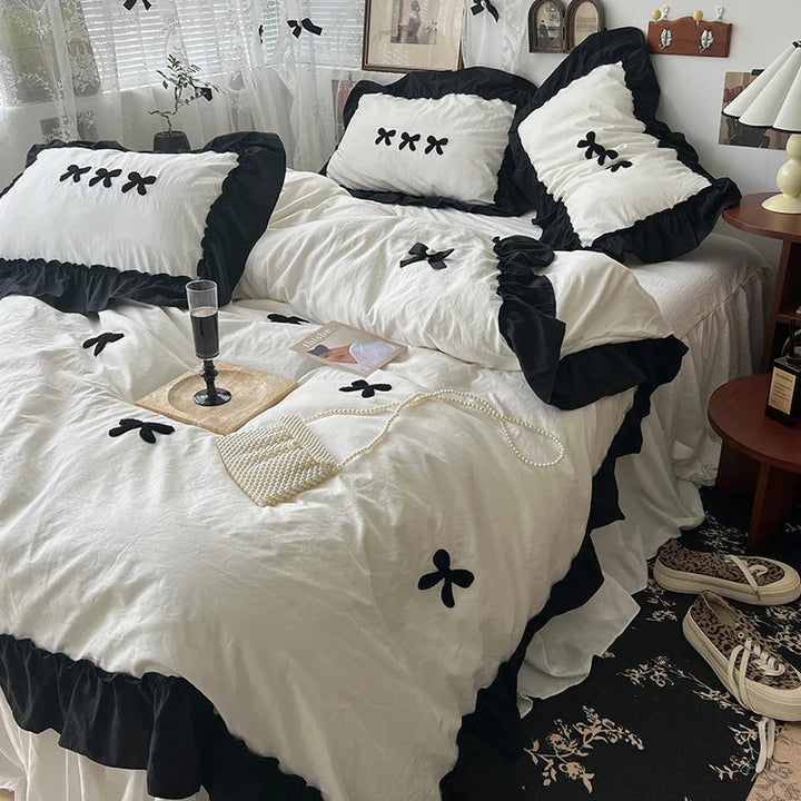 Rynx | Korean princess style Kawaii girls black bow bedding set skin-friendly soft duvet cover set bed sheets or bed skirt pillowcases