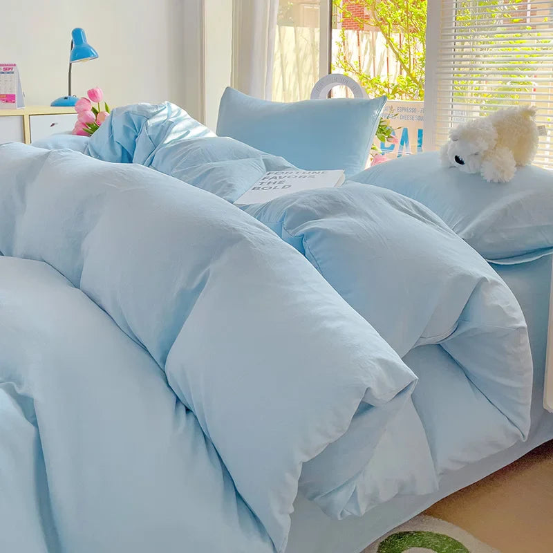 Rynx | Girls Blue Duvet Cover Set Twin Full Queen Size Soft Bed Sheet Pillowcase Bedding Princess Style Solid Color INS Bedding