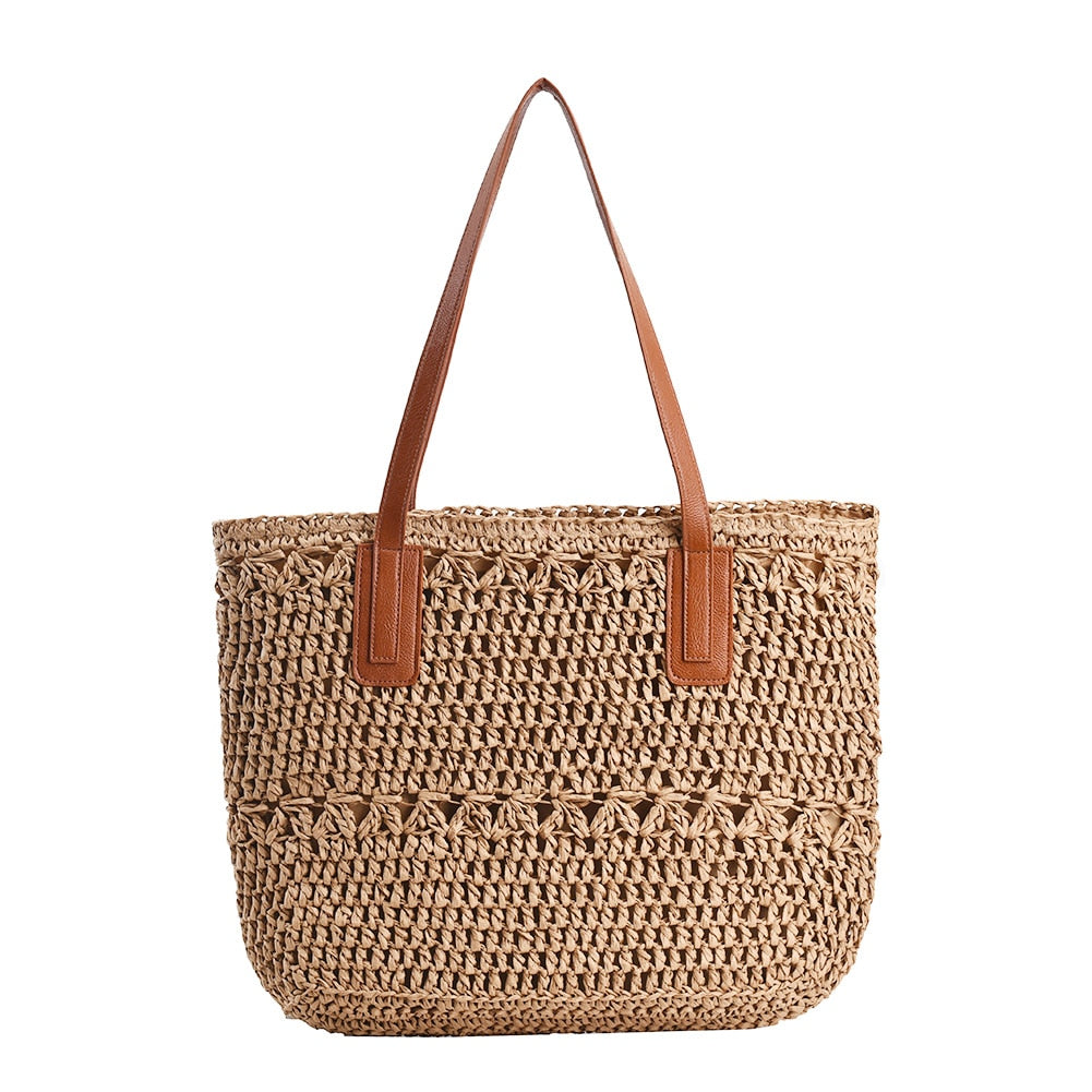 Lisslune | Genevieve | Chic Straw Tote Bag with Genuine Leather Straps – Elegant Summer Handbag