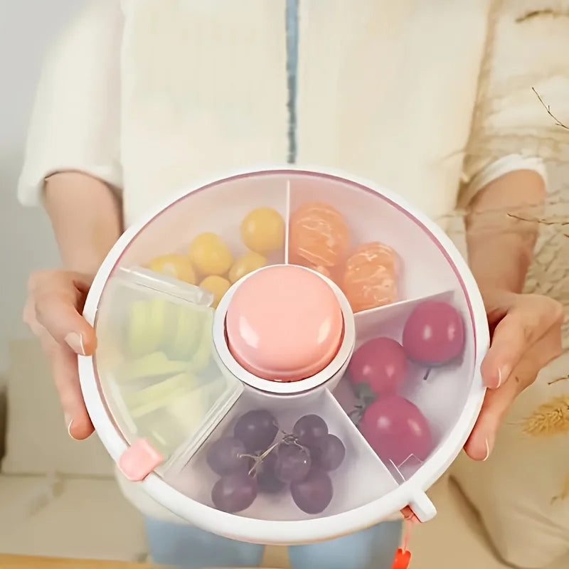 Rynx | 1pc reusable snack spinner-splitterproof rotating storage container for nuts, sweets & seeds, round PP material with flip-top lid