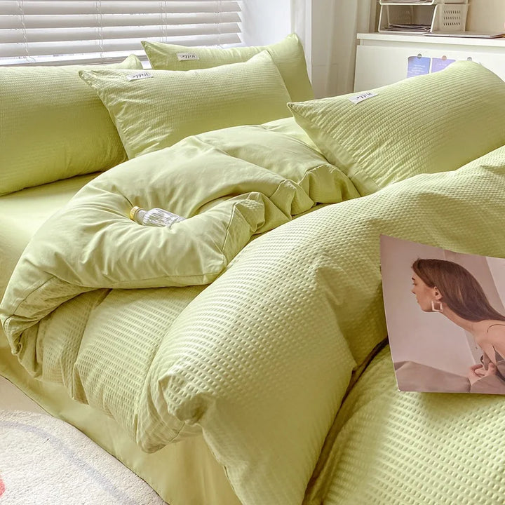Rynx | Internet Celebrity Waffle Four-piece Set Washed Smooth Bedding Duvet Cover Fitted Sheet Bedding Contrast Color Dormitory Three Pi