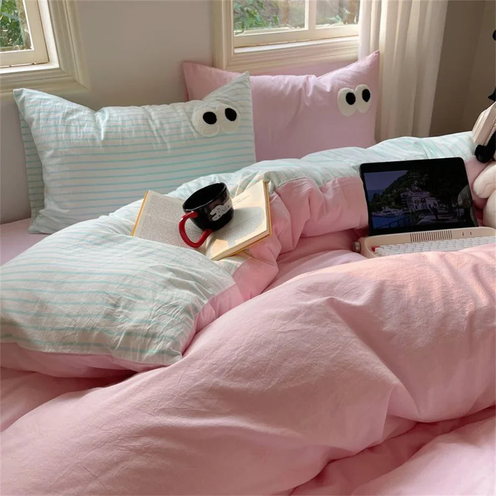 Rynx | INS Striped Bedding Set Simple Soft Duvet Cover Sheet Pillowcase Solid Color Bedding for Adults Girls Twin-Queen Size