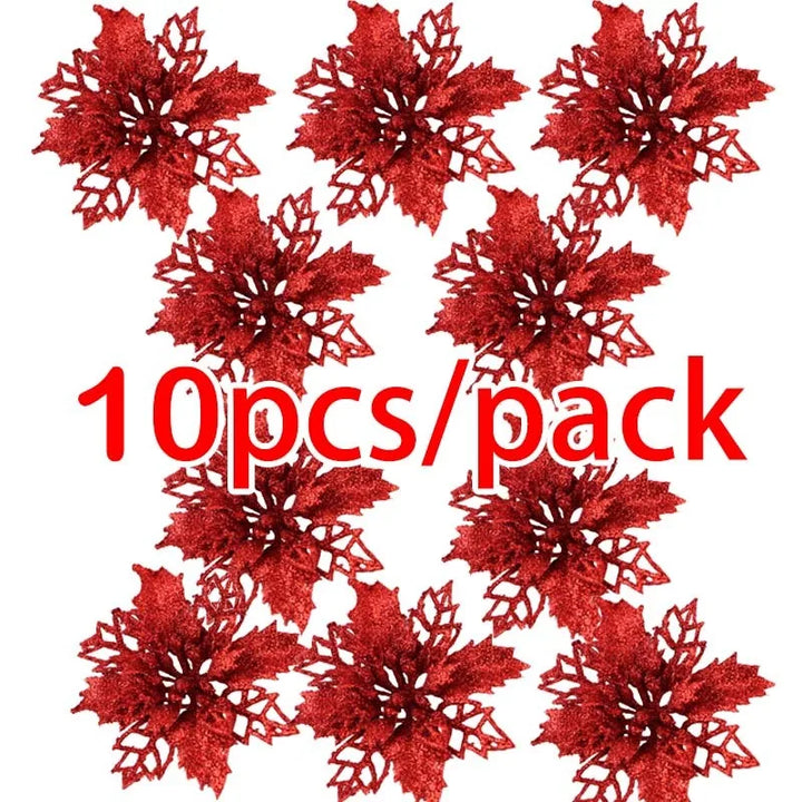 Rynx | (10 pieces) Artificial Christmas Tree Flowers Glitter Decorations Xmas Ornament New Year Gift