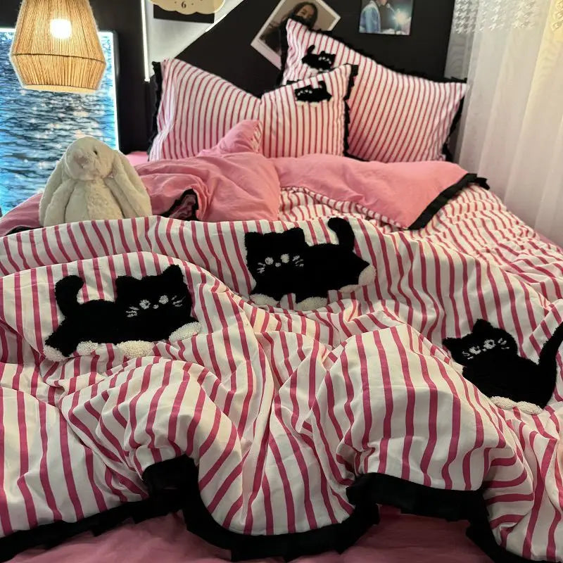 Rynx | Korean Style Bedding Set Green Stripes Black Cat Embroidery Washed Cotton Duvet Cover Cute Cartoon Bedding Blanket Set