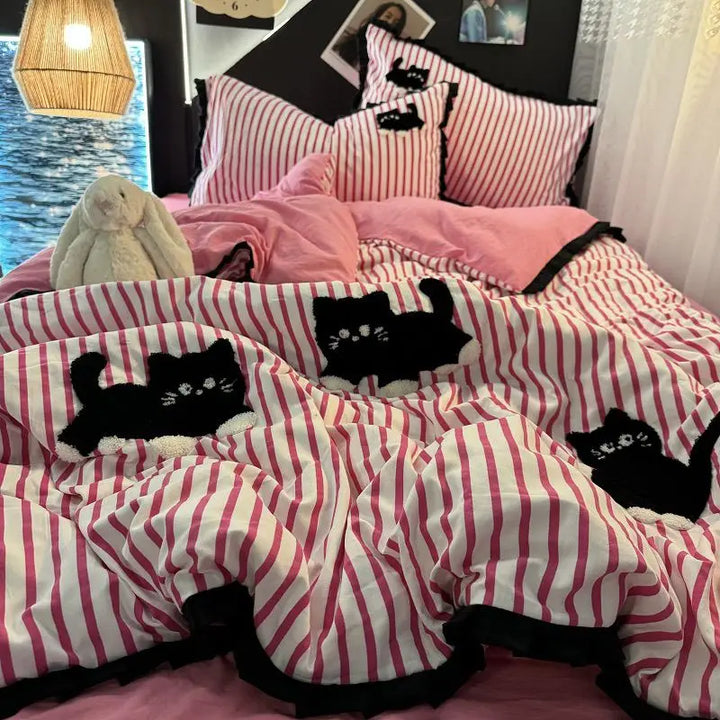 Rynx | Korean Style Bedding Set Green Stripes Black Cat Embroidery Washed Cotton Duvet Cover Cute Cartoon Bedding Blanket Set