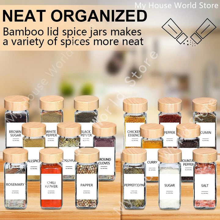 Lisslune | Glass Spice Jar Set with Bamboo Lids, Pouring Caps, Labels & Funnel - 4oz