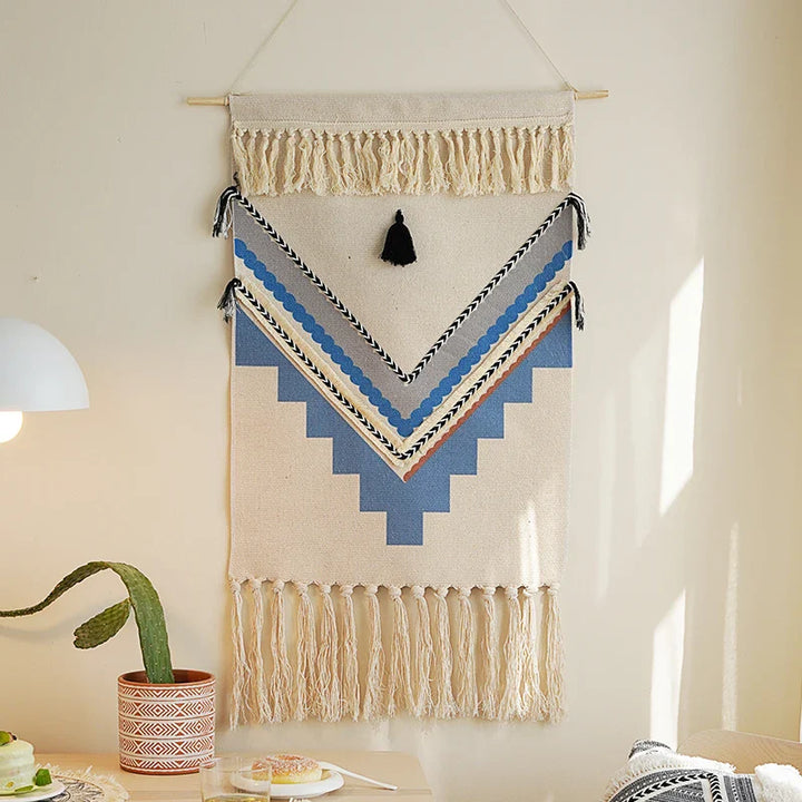 Rynx | Boho Wall Tapestry with Hand-Made Tassels Cotton Linen Tufting Wall Hanging Fabric Cover Blanket Ramadan Decor Home Decor