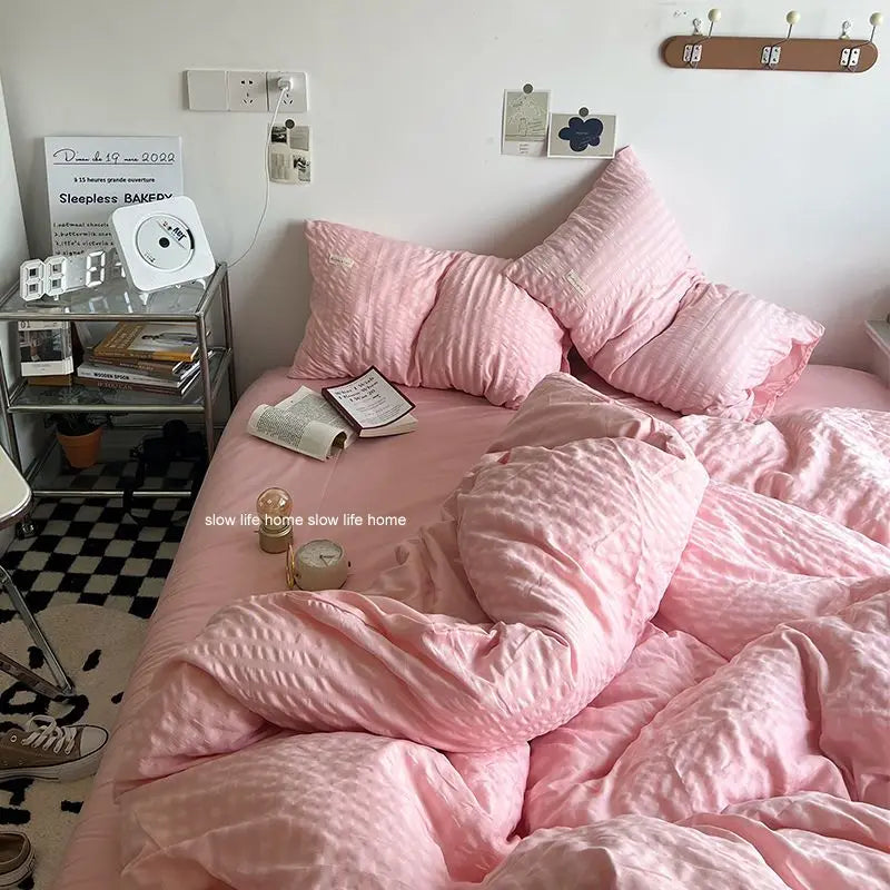 Rynx | Bedding Set Luxury High-Quality Lightweight Washable Cotton Waffle Four Pieces Olive Green Duvet Cover Bed Sheet Dormitory Three Pieces
