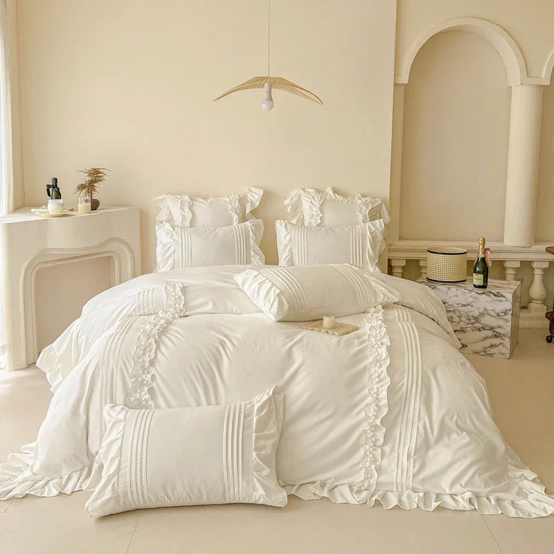 Rynx | Korean Princess Style Lace Ruffle Bedding Set Solid Color Duvet Cover Set Flat/Fitted Sheet Pillowcases with Pillow Covers