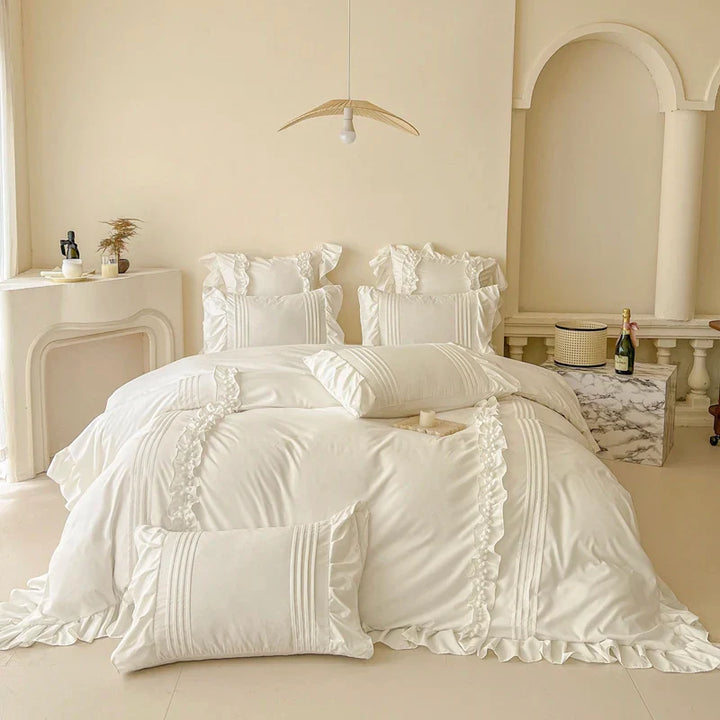 Rynx | Korean Princess Style Lace Ruffle Bedding Set Solid Color Duvet Cover Set Flat/Fitted Sheet Pillowcases with Pillow Covers