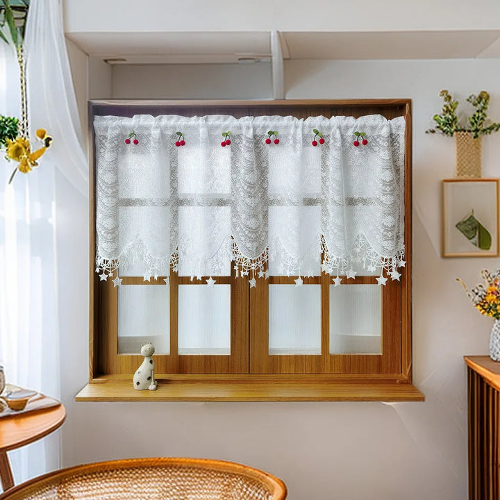 Rynx | White lace embroidery tulle kitchen curtain cherry pentagram wavy short curtain sweet coffee window half curtain