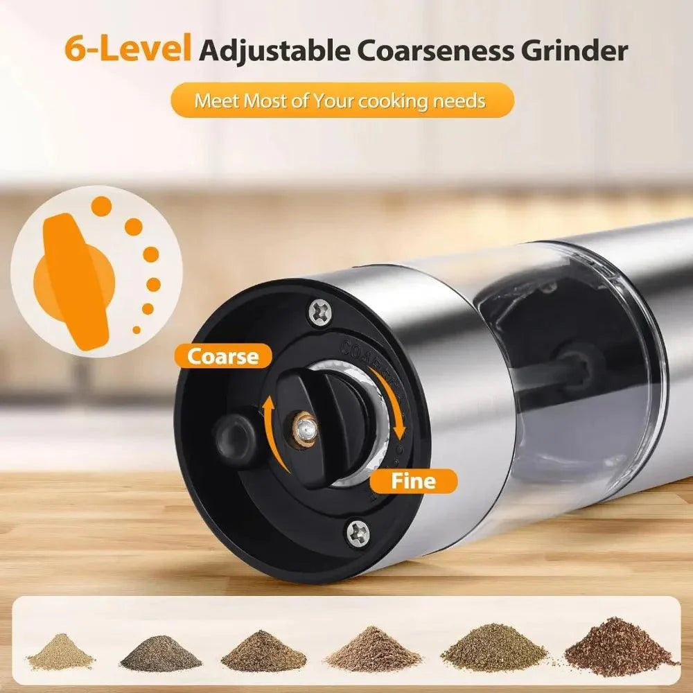 Lisslune | USB rechargeable electric salt and pepper mill set with adjustable grinding positions and illuminated LED