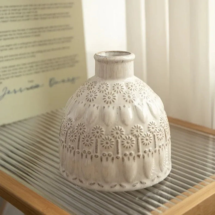 Rynx | Relief Ceramic Vase European Retro Vase Living Room Desk Decoration Ornaments Flower Vases Dried Flower Arrangement Container