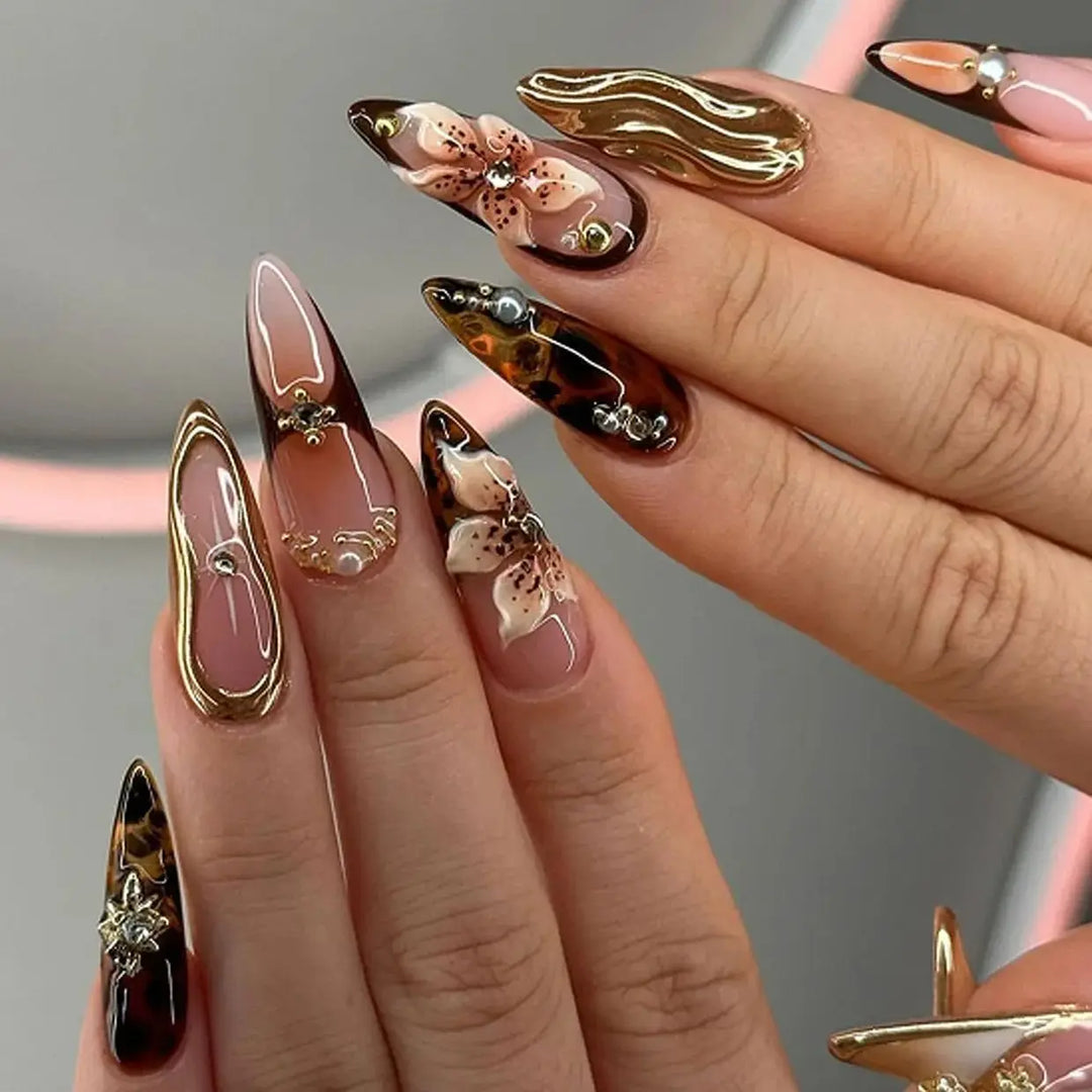 Rynx | 3D Flower Shell Water Drop Ripple Artificial Nails Black White Leopard French Removable Finished Artificial Nails Press on Nail with Glue