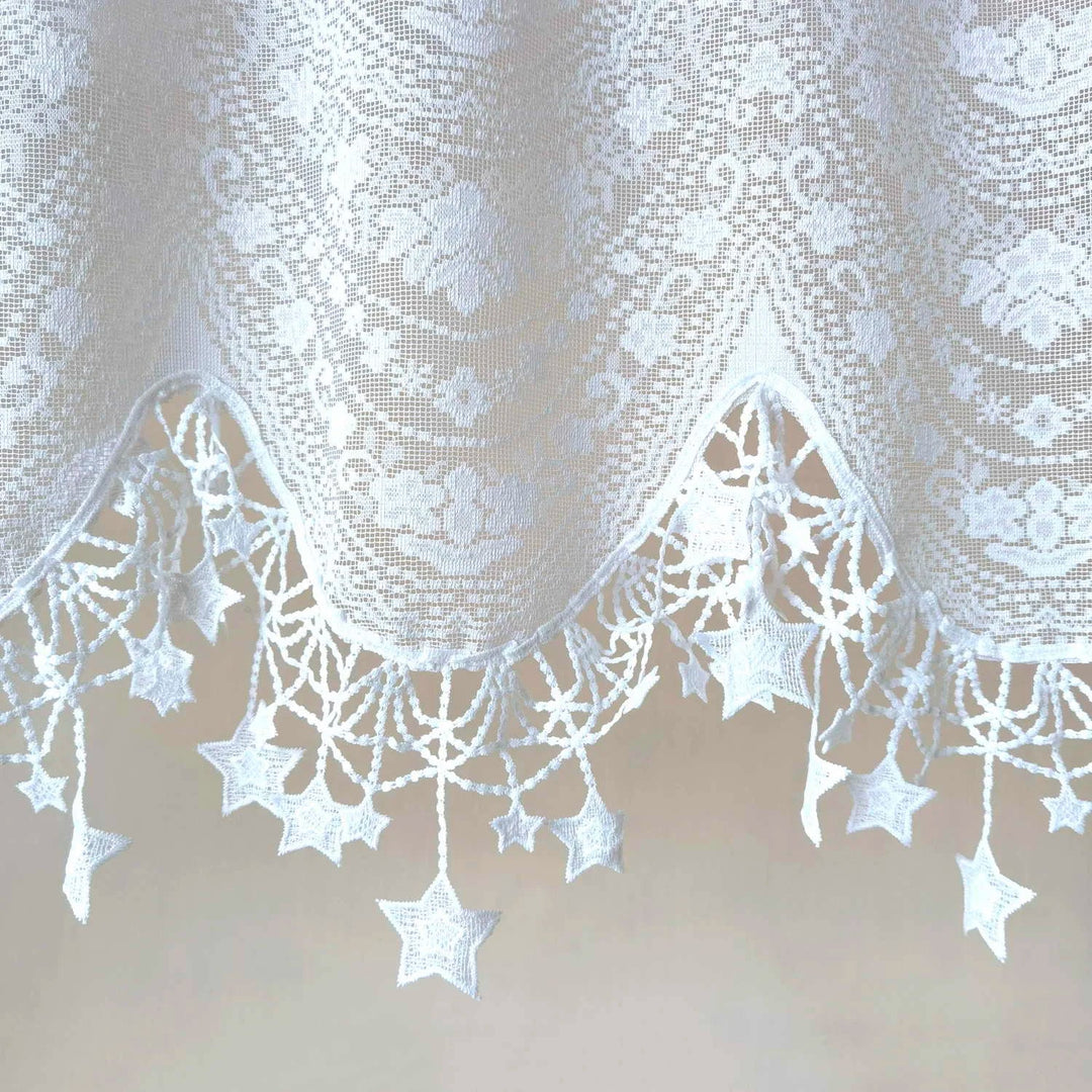 Rynx | White lace embroidery tulle kitchen curtain cherry pentagram wavy short curtain sweet coffee window half curtain