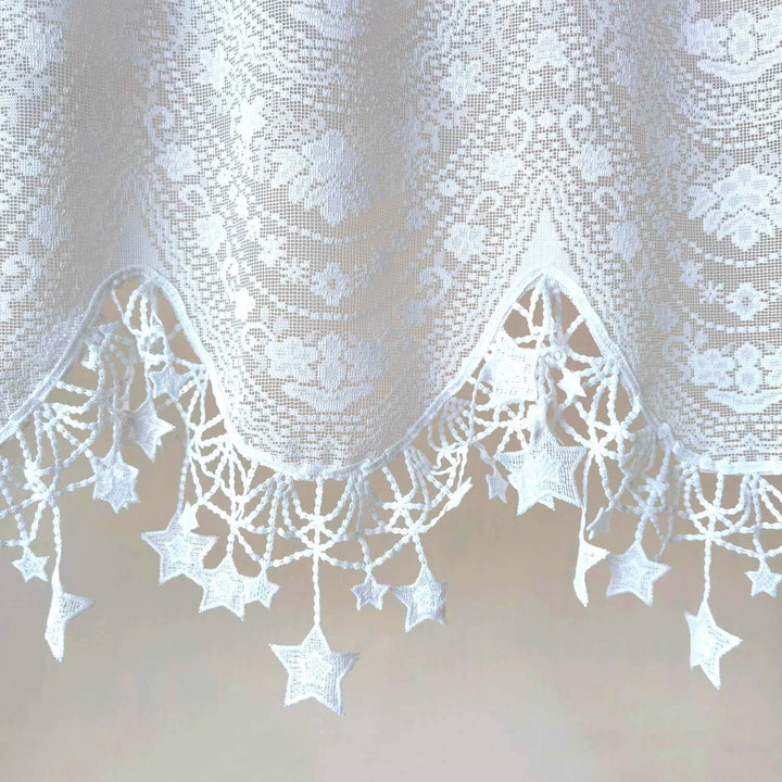 Rynx | White lace embroidery tulle kitchen curtain cherry pentagram wavy short curtain sweet coffee window half curtain
