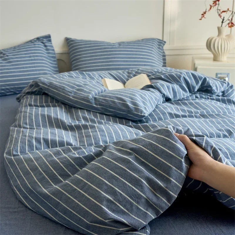Lisslune | Luxus 100% Baumwolle Streifen 3-teiliges Bettbezug-Set (1 Bettbezug + 2 Kissenbezüge), Garngefärbt, Weiches Bettwäsche-Set, Mehrere Größen