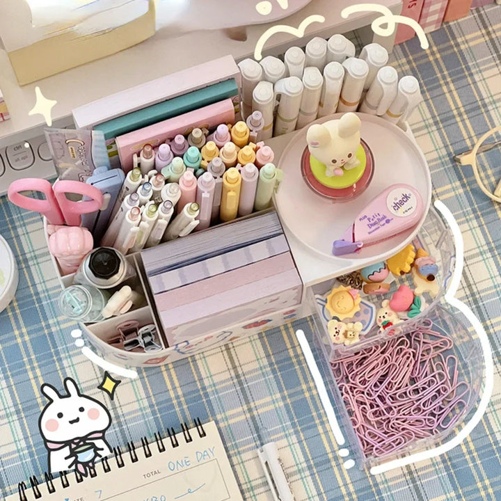 Rynx | Japanese Style Desktop Pen Holder Cute Multifunctional Large Capacity Partition Drawer Desk Stationery Organizer Storage Box