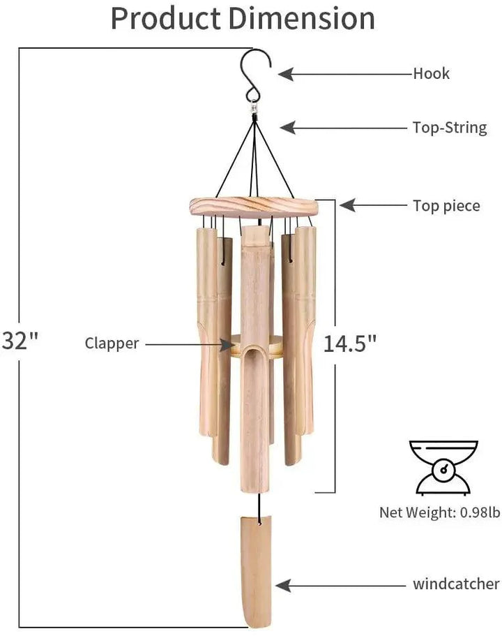 Lisslune | Handcrafted Bamboo Wind Chimes - 6 Melodic Tubes for Soothing Outdoor Harmony - Ideal for Garden Decoration and Thoughtful Gifts