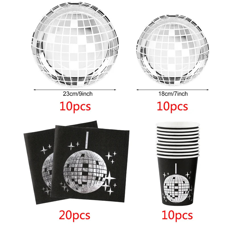Rynx Disco Theme Party Disposable Tableware Set Silver Disco Ball Plates Napkins Cups 70s Birthday Party Decoration Wedding Supplies