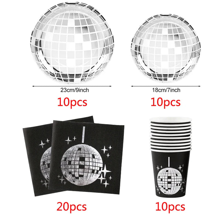 Rynx Disco Theme Party Disposable Tableware Set Silver Disco Ball Plates Napkins Cups 70s Birthday Party Decoration Wedding Supplies