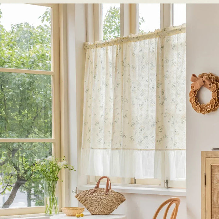 Rynx | French Chiffon Ruffled Scarf Short Curtain Pole-Passing Floral Half Curtain Kitchen Café Living Room Bay Window Cabinet Curtain