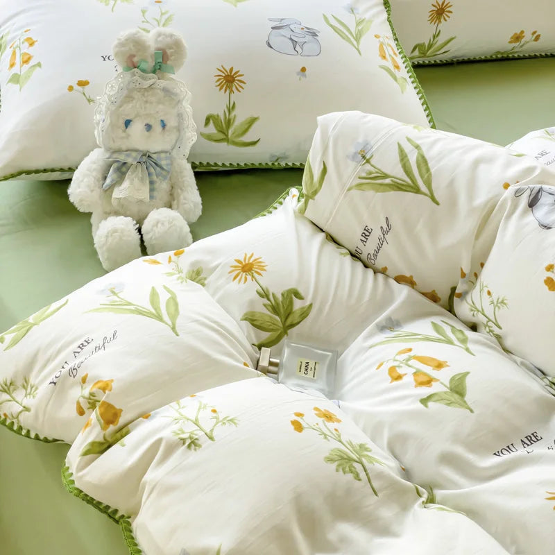 Rynx Pastoral Girls Flower Bedding Sets, Washed Cotton Bedding, Soft Comforter Bedding Set, Simple Bedspread, Home Textiles