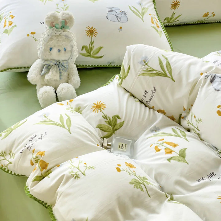 Rynx Pastoral Girls Flower Bedding Sets, Washed Cotton Bedding, Soft Comforter Bedding Set, Simple Bedspread, Home Textiles