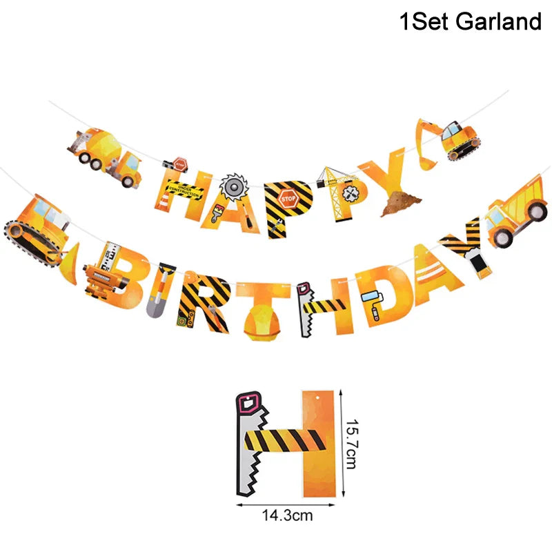 Rynx Construction Party Disposable Tableware Kids Boys Engineering Vehicle Theme Birthday Party Decorations Truck Balloon Supplies