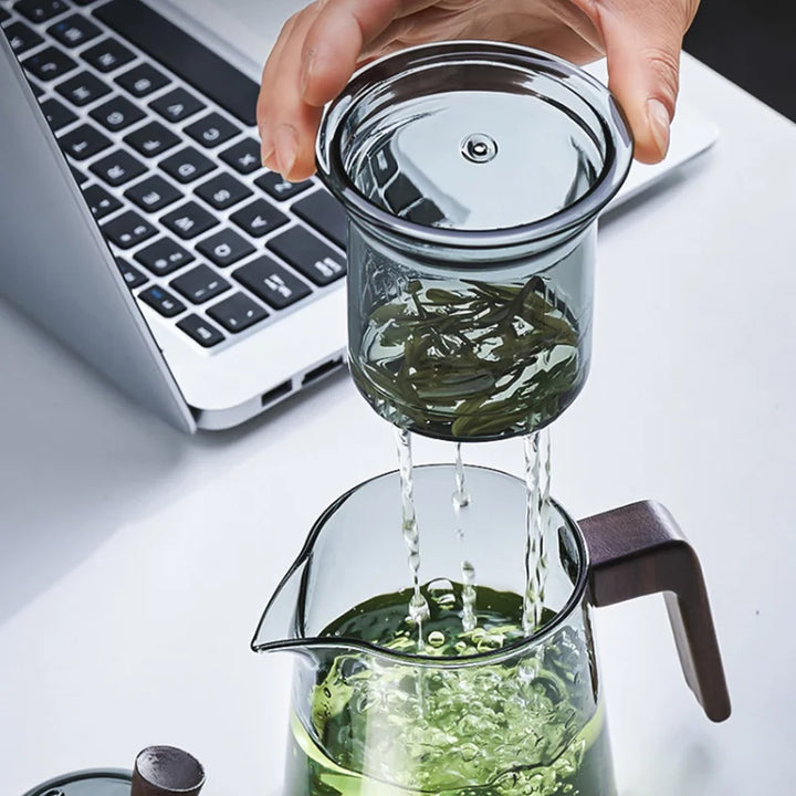 Lisslune | GIANXI Retro Glass Teapot Wood Handle Chinese Tea Ceremony Transparent Teawear Set Cup Filter High Boron Silicon Pot  530ML